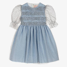 Irpa-Girls Blue Tulle Polka Dot Dress | Childrensalon Outlet