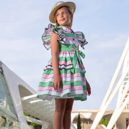 Irpa-Girls Green & Pink Striped Dress | Childrensalon Outlet