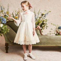 Irpa-Girls Ivory Embroidered Tulle Dress | Childrensalon Outlet