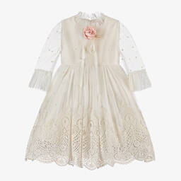 Irpa-Girls Ivory Embroidered Tulle Dress | Childrensalon Outlet