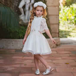 Irpa-Girls Ivory Embroidered Tulle Dress | Childrensalon Outlet