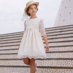 إيربا-فستان مزيج قطن فوال مزين بدانتيل لون عاجي | Childrensalon Outlet