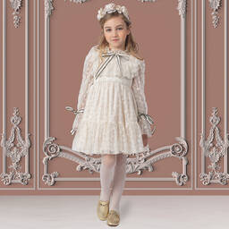 Irpa-Кремовое платье из тюля с цветами | Childrensalon Outlet