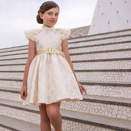 Irpa-Кремово-золотистое жаккардовое платье для девочек | Childrensalon Outlet