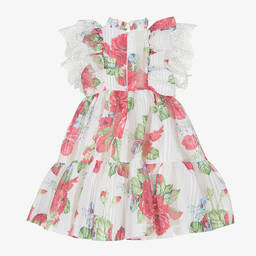 Irpa-فستان مزيج قطن لون أبيض وزهري بطبعة ورود | Childrensalon Outlet