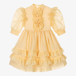 Irpa-Girls Yellow Puffed Sleeve Dress | Childrensalon Outlet