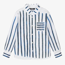 JACQUEMUS-Teen Boys White & Blue Stripe Cotton Shirt | Childrensalon Outlet