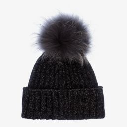 Jamiks-قبعة بوم-بوم صوف وكشمير محبوك لون أسود للبنات | Childrensalon Outlet