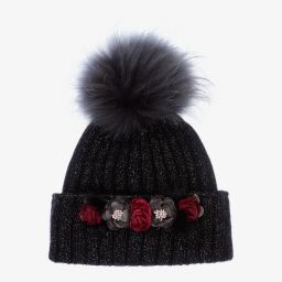 Jamiks-قبعة بوم-بوم صوف وكشمير محبوك لون أسود للبنات | Childrensalon Outlet