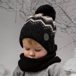 Jamiks-Boys Black Knitted Fair Isle Pom-Pom Hat | Childrensalon Outlet