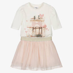 Jamiks-Girls Elegant Ivory & Pink Skirt Ensemble | Childrensalon Outlet