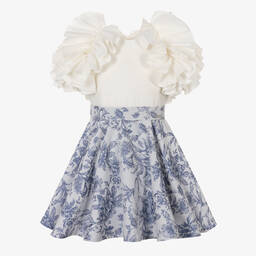 Jessie and James London-Girls Blue Cotton Floral Jacquard Dress | Childrensalon Outlet
