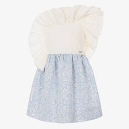 Jessie and James London-Girls Blue Cotton Floral Jacquard Dress | Childrensalon Outlet