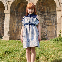 جيسي آند جيمس لندن-فستان قطن تويل وجاكارد لون أزرق بطبعة ورود | Childrensalon Outlet