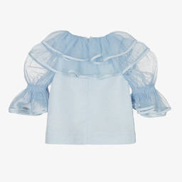 Jessie and James London-Girls Blue Linen & Tulle Ruffle Blouse | Childrensalon Outlet