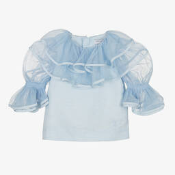 Jessie and James London-Girls Blue Linen & Tulle Ruffle Blouse | Childrensalon Outlet