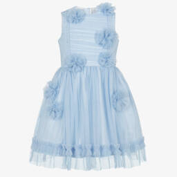 Jessie and James London-Girls Blue Tulle Dress With Floral Appliqués | Childrensalon Outlet