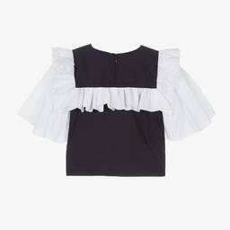 جيسي آند جيمس لندن-Girls Blue & White Cotton Ruffle Blouse | Childrensalon Outlet
