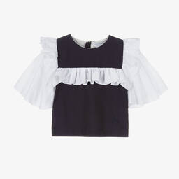 جيسي آند جيمس لندن-Girls Blue & White Cotton Ruffle Blouse | Childrensalon Outlet