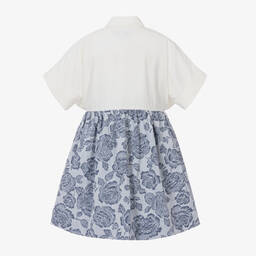 Jessie and James London-Girls Ivory Cotton & Blue Jacquard Dress | Childrensalon Outlet