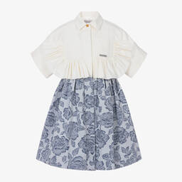 Jessie and James London-Girls Ivory Cotton & Blue Jacquard Dress | Childrensalon Outlet