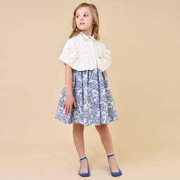 Jessie and James London-Girls Ivory Cotton & Blue Jacquard Dress | Childrensalon Outlet