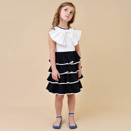 Jessie and James London-Girls Ivory & Navy Blue Cotton Bow Dress | Childrensalon Outlet