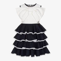 Jessie and James London-Girls Ivory & Navy Blue Cotton Bow Dress | Childrensalon Outlet