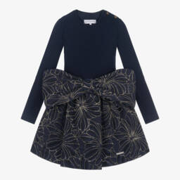 Jessie and James London-Girls Navy Blue & Gold Floral Jacquard Dress | Childrensalon Outlet