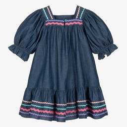 Joyday-Синее платье из шамбре с тесьмой-зигзагом | Childrensalon Outlet