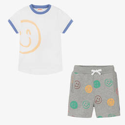 Joyday-Grey Marl Cotton Happy Faces Shorts Set | Childrensalon Outlet