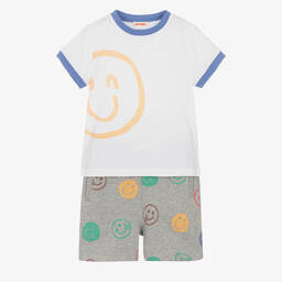 Joyday-Grey Marl Cotton Happy Faces Shorts Set | Childrensalon Outlet