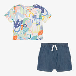 جويداي-طقم شورت أطفال ولادي قطن لون أبيض وأزرق | Childrensalon Outlet