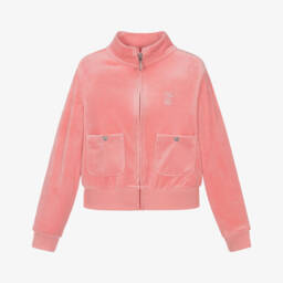 Juicy Couture-Girls Coral Pink Velour Zip-Up Top with Diamanté Logo | Childrensalon Outlet