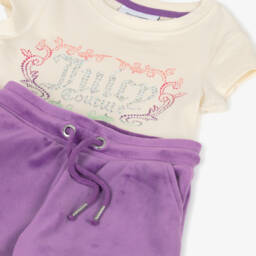 Juicy Couture-Girls Ivory & Purple Cotton & Velour Shorts Set  | Childrensalon Outlet