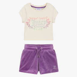 Juicy Couture-Girls Ivory & Purple Cotton & Velour Shorts Set  | Childrensalon Outlet