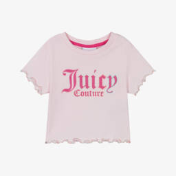 Juicy Couture-Girls Pink Cotton T-Shirt with Rainbow Lettuce Hem | Childrensalon Outlet