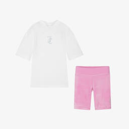 Juicy Couture-Girls White Cotton & Pink Velour Shorts Set | Childrensalon Outlet