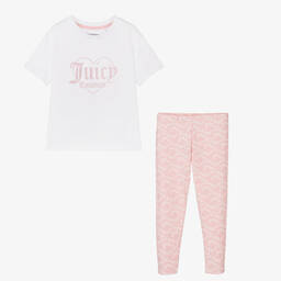 Juicy Couture-Girls White & Pink Cotton Leggings Set | Childrensalon Outlet
