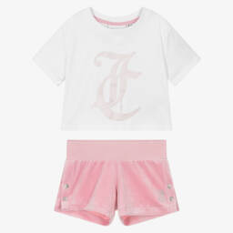 Juicy Couture-Girls White & Pink Cotton & Velour Shorts Set | Childrensalon Outlet