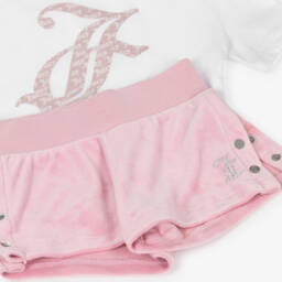 Juicy Couture-Girls White & Pink Cotton & Velour Shorts Set | Childrensalon Outlet