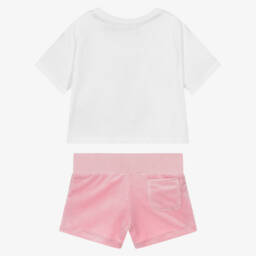 Juicy Couture-Girls White & Pink Cotton & Velour Shorts Set | Childrensalon Outlet