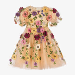 Junona-Beige Girls Dress with Floral Embroidery | Childrensalon Outlet