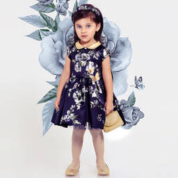 Junona-فستان ساتان لون كحلي وذهبي بطبعة ورود | Childrensalon Outlet