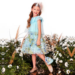 Junona-بلوز كروب تول وأورغانزا لون أزرق للبنات | Childrensalon Outlet