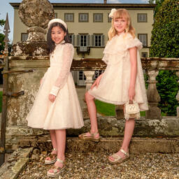 Junona-Бежевое платье из тюля с вышивкой для девочек | Childrensalon Outlet