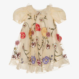 Junona-Girls Beige Floral Tulle Dress | Childrensalon Outlet