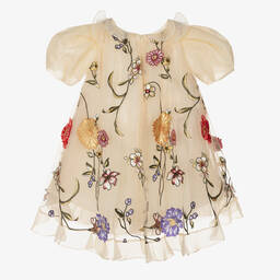 Junona-Girls Beige Floral Tulle Dress | Childrensalon Outlet