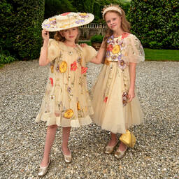Junona-Girls Beige Floral Tulle Dress | Childrensalon Outlet
