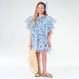 Junona-فستان تول وأورغانزا لون أزرق فاتح مزين بترتر | Childrensalon Outlet